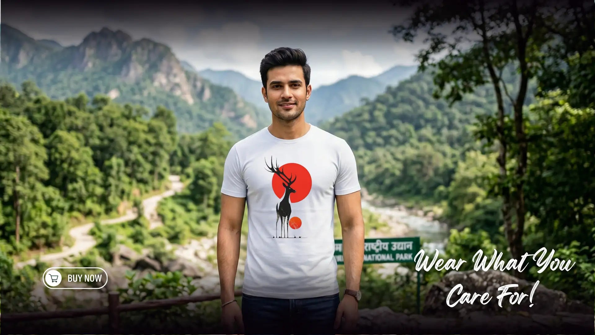 Man wearing a black t-shirt with a graphic design in a forest setting