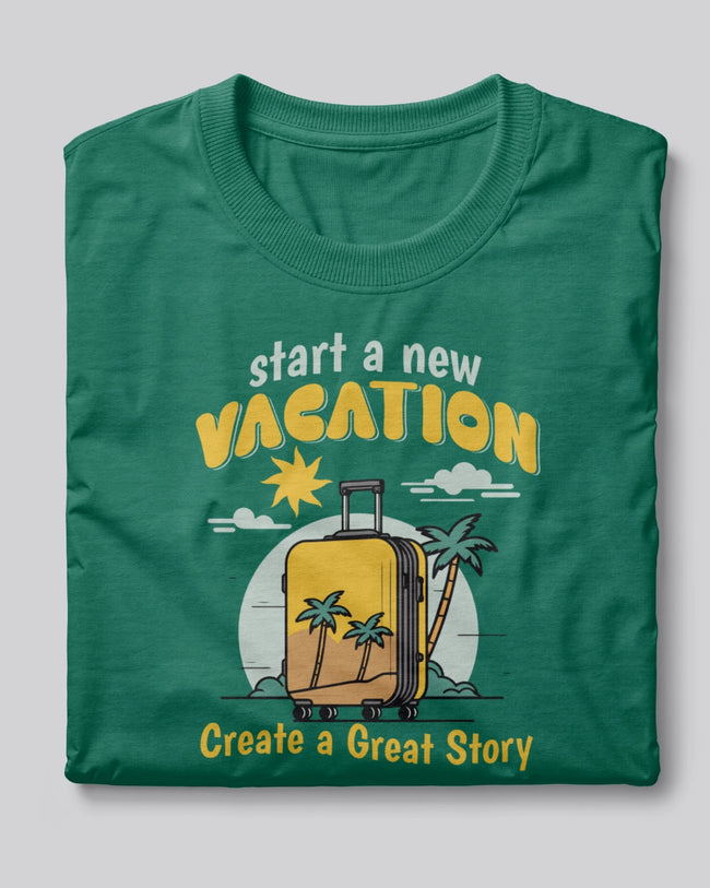 Green t-shirt with travel-themed design and text on a light gray background Hover Image