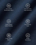 Navy fabric with text and icons highlighting fabric properties