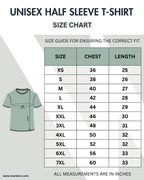 Unisex half sleeve t-shirt size chart with measurements for chest and length on a peach background.