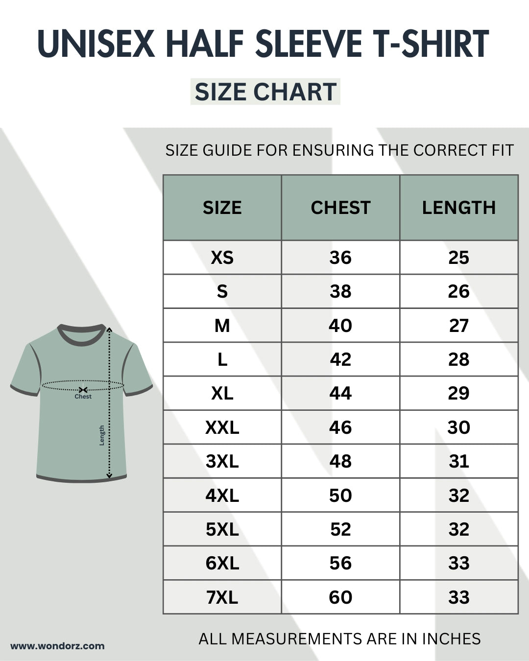 Unisex half sleeve t-shirt size chart with measurements for chest and length on a peach background.